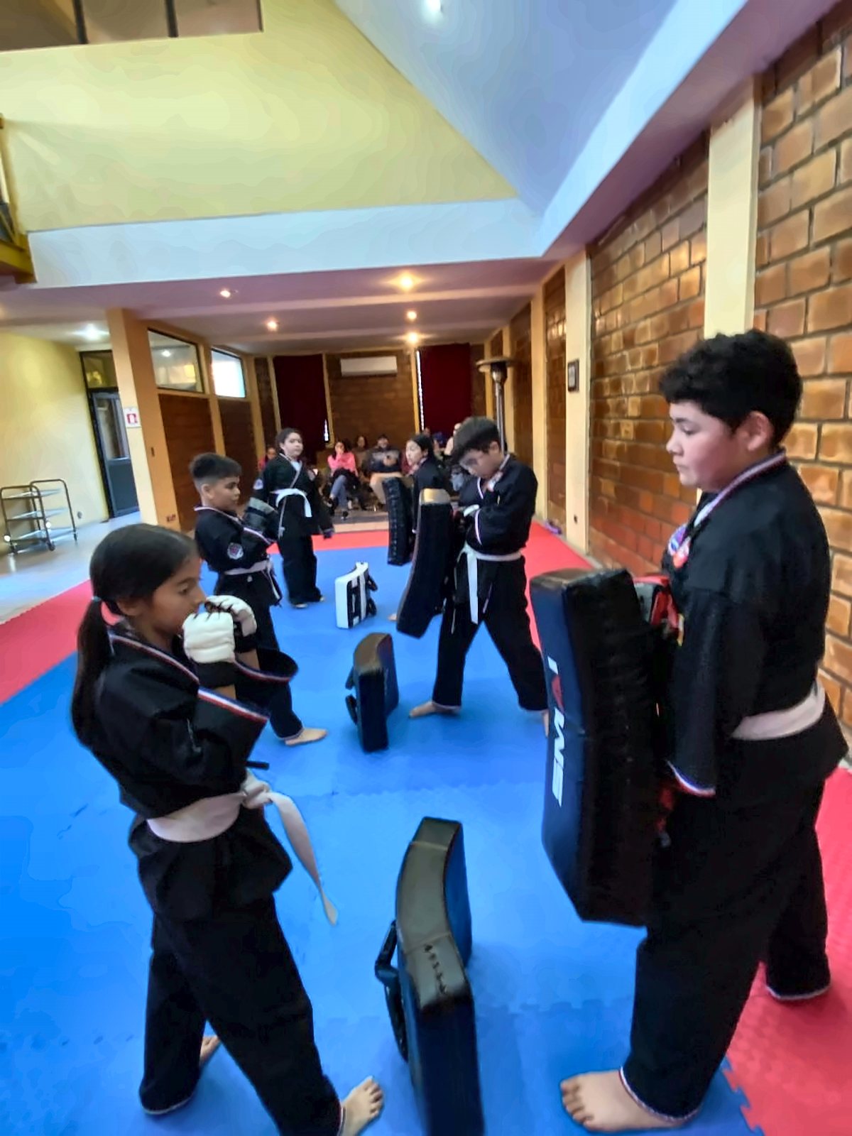 Niños entrenando golpes con escudos de golpeo