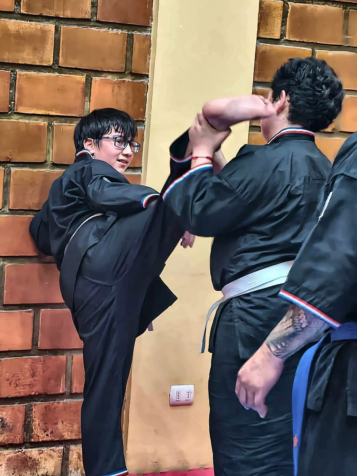 Alumno practicando patada alta en el dojo